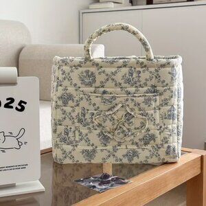 French Floral Quilted Fabric Basket for Storage Organizer w/Handles Blue Floral